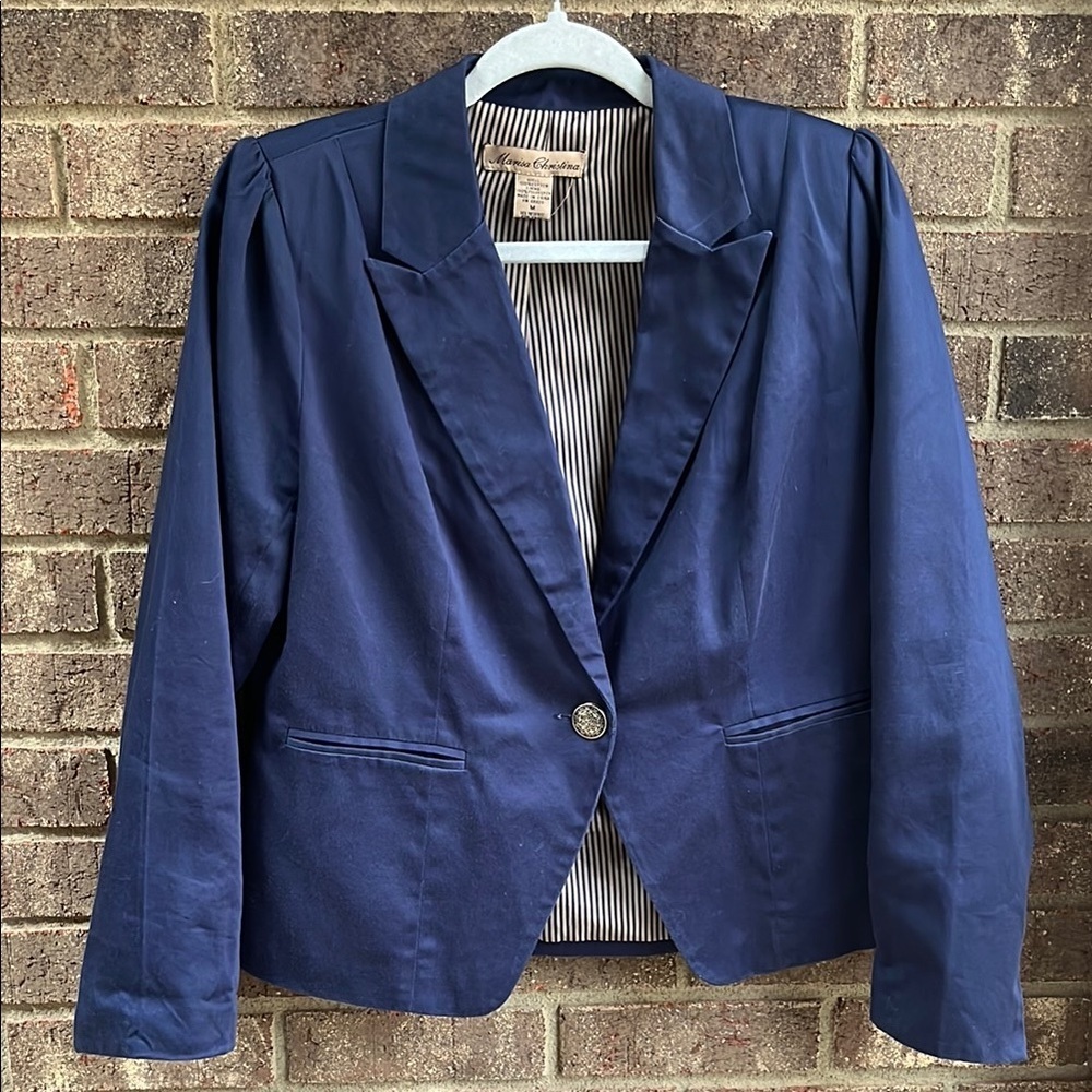 Marisa Christina Navy Blue Women's Blazer one button cotton size medium VTG